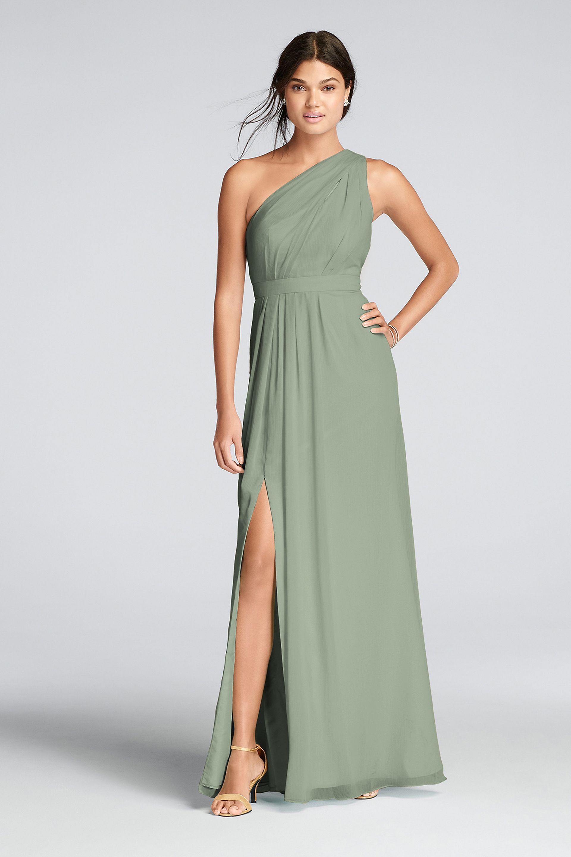 Picture of Long One-Shoulder Crinkle Chiffon Dress
